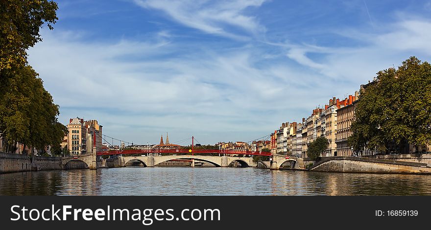 Red footbridge in Lyon city, France. Red footbridge in Lyon city, France