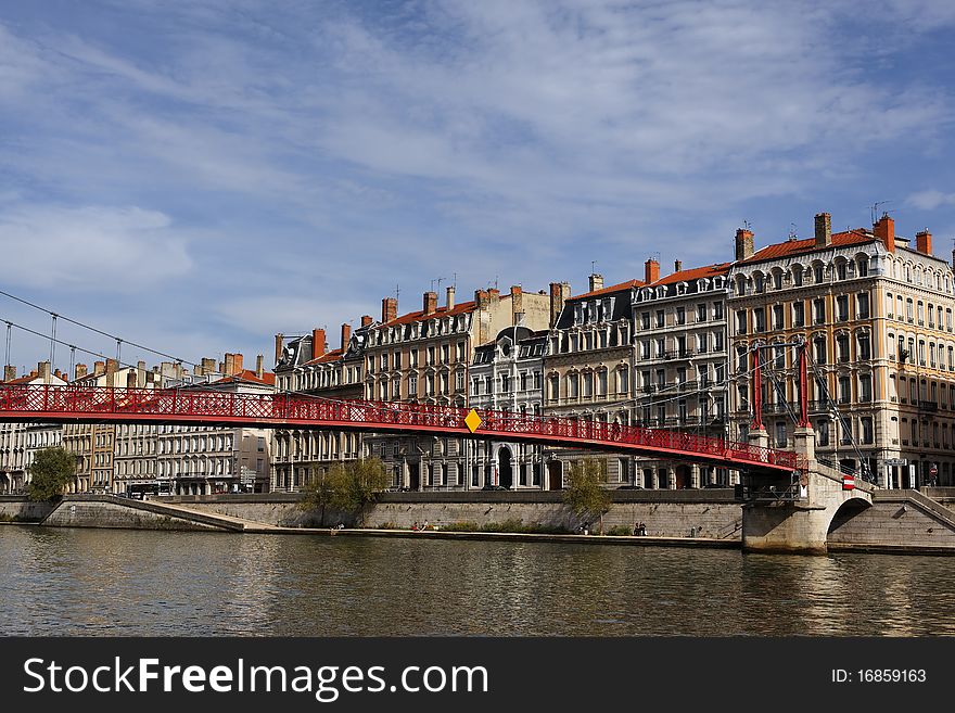 Red footbridge in Lyon city, France. Red footbridge in Lyon city, France
