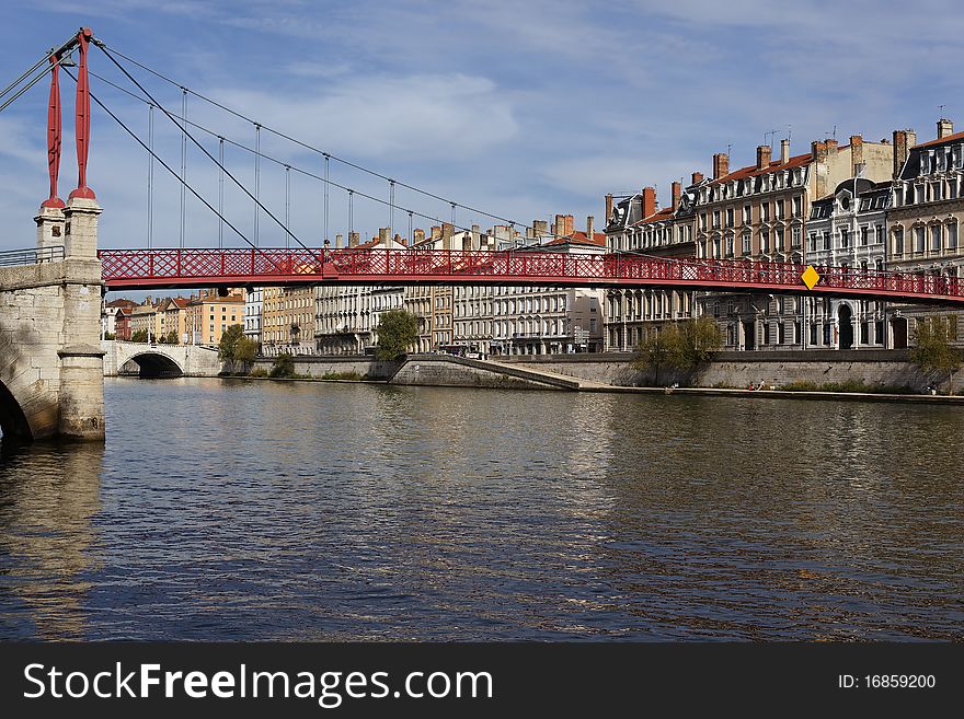 Red footbridge in Lyon city