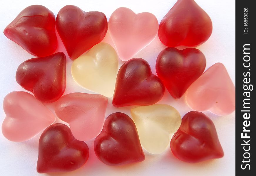 Heart-shaped gummy candy collection in pink, red and white. Heart-shaped gummy candy collection in pink, red and white