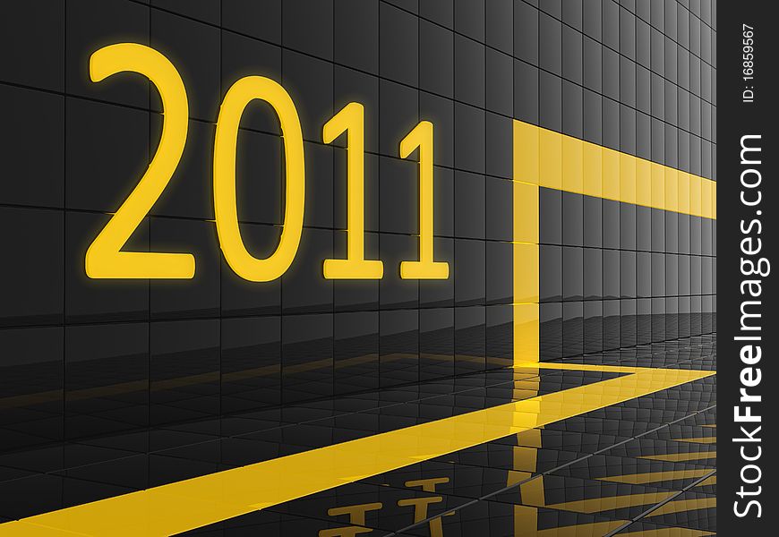 Dark wall with yellow 2011 text and yellow line. Dark wall with yellow 2011 text and yellow line