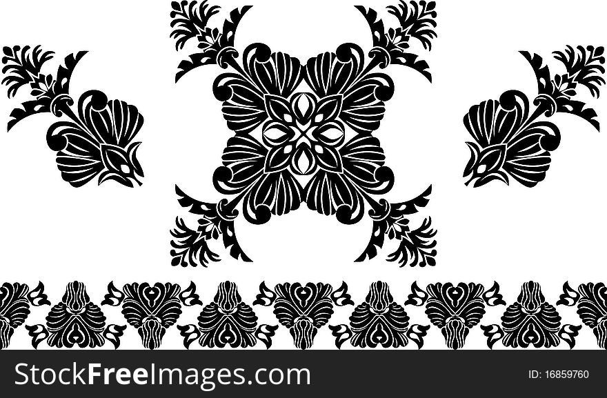 Set of decorative elements, border and flower patterns