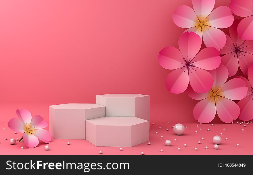 Display background for Cosmetic product presentation. Empty showcase,  3d rendering illustration, Sakura flower.