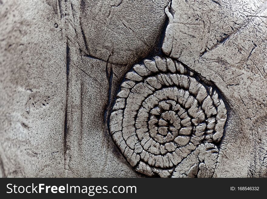 Macro photo of grey pottery surface with a fossil texture