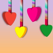 Vivid Colored Hearts Hanging, Multicolored Hanger On Light Colors Background. 3d Illustration. For Your Love, Healthy, Caring Royalty Free Stock Photos