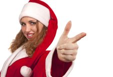 Santa Suit Is Pointing Her Finger At The Camera Stock Photos
