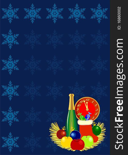 Postcard for Christmas with Christmas tree balls and snowflakes. Postcard for Christmas with Christmas tree balls and snowflakes