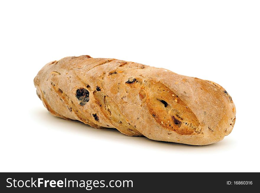 Baguette with raisins on white background
