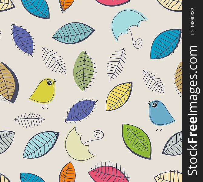 Seamless background with birds, hearts and flowers