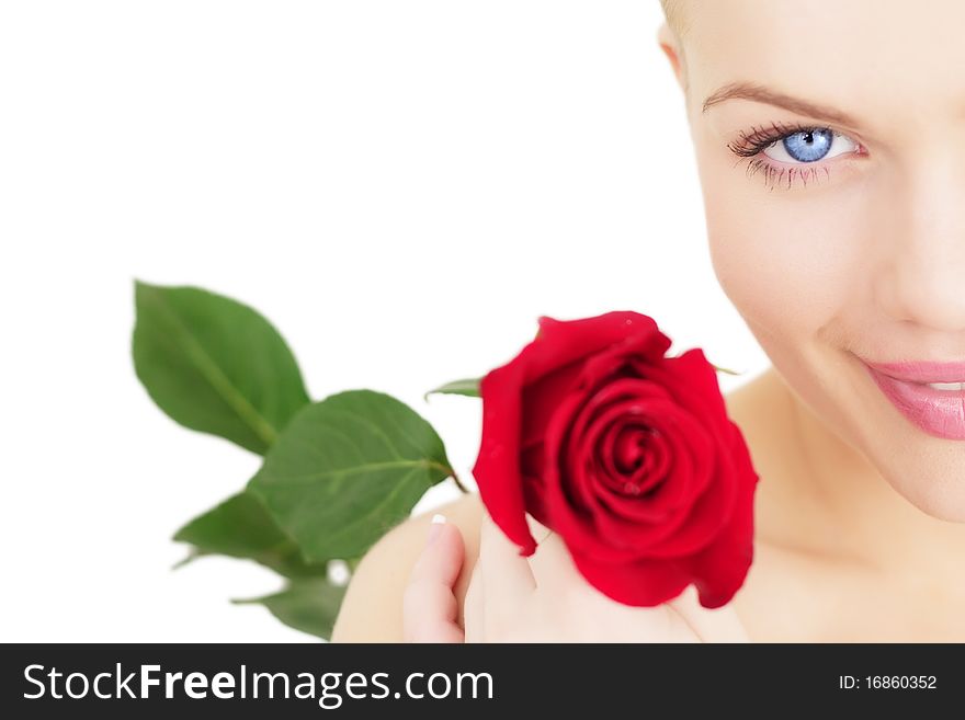 Beautiful girl with a red rose on white background