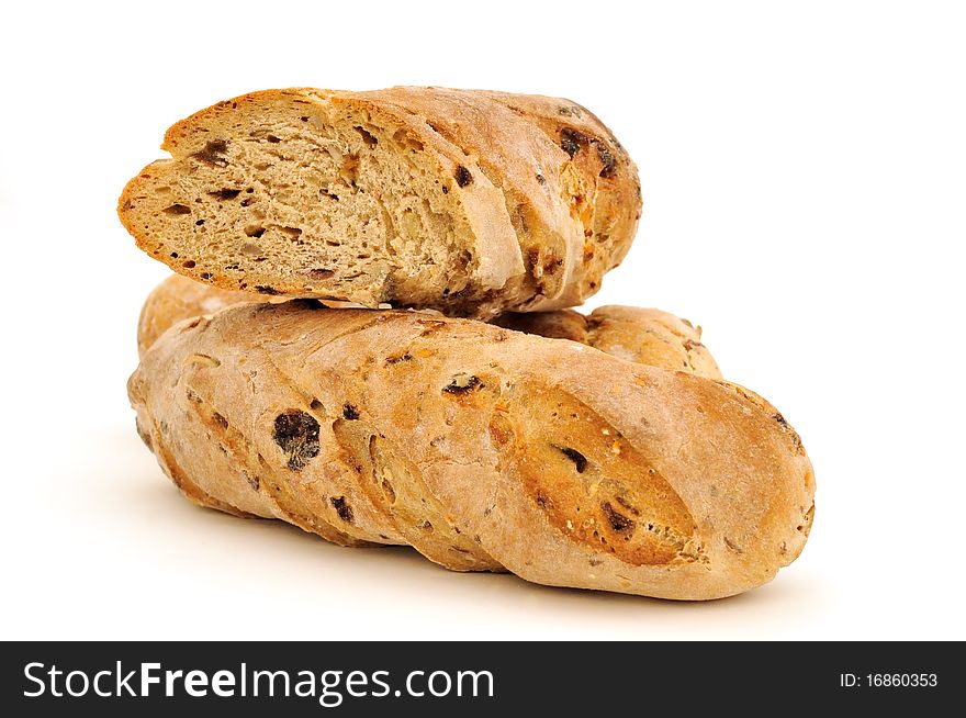 Baguettes with raisins on white background. Baguettes with raisins on white background