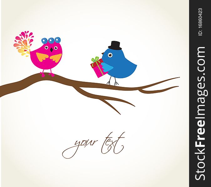 Greeting card with cute birds couple