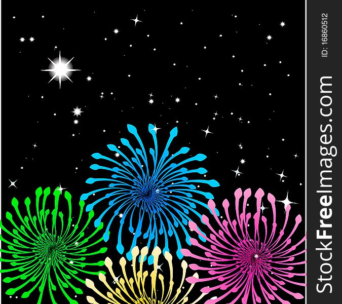 Christmas fireworks on the dark sky. Vector illustration