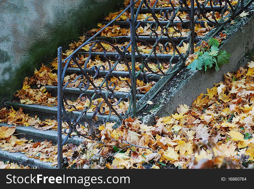 Historic staircase in old park under the fallen autumn leaves. Historic staircase in old park under the fallen autumn leaves