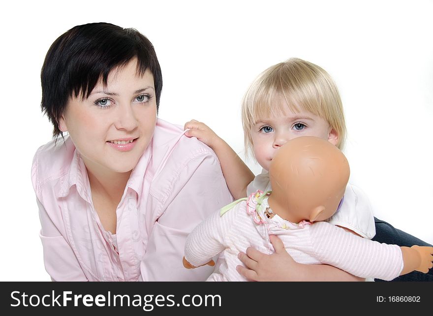 Mother and daughter over white