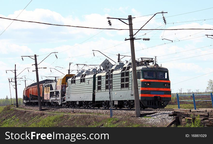 Head of train - green electric locomotive