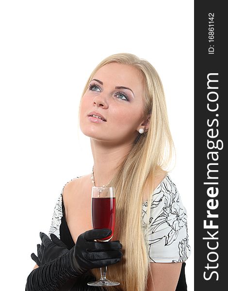 Luxuriously young blond woman drink red wine. Luxuriously young blond woman drink red wine