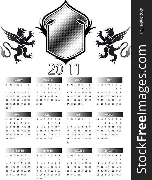 A black and white 2011 calendar. A black and white 2011 calendar