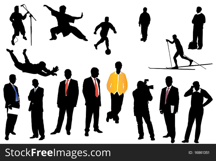 Black silhouettes of different businessman, sportsman and musicians. Black silhouettes of different businessman, sportsman and musicians
