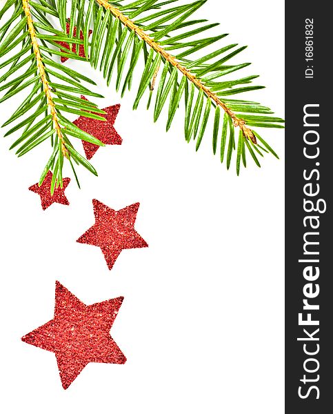 Fir branch with hanging Christmas decorations on a black background. Fir branch with hanging Christmas decorations on a black background.