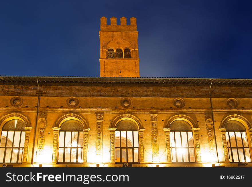 Palazzo del potesta in the beautiful piazza maggiore in Bologna at night, Italy. Palazzo del potesta in the beautiful piazza maggiore in Bologna at night, Italy