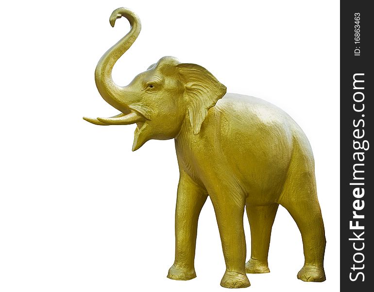 Golden elephant standing isolated on white background