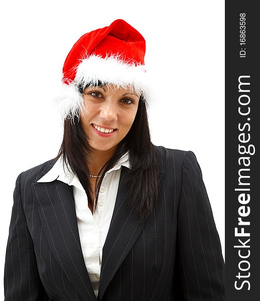 Attractive smiling businesswoman in santa hat. Attractive smiling businesswoman in santa hat