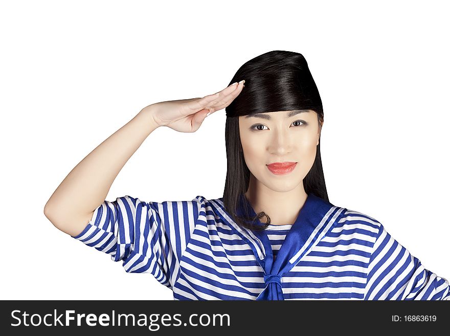 Chinese girl sailor  gesturing to the camera isolated on white