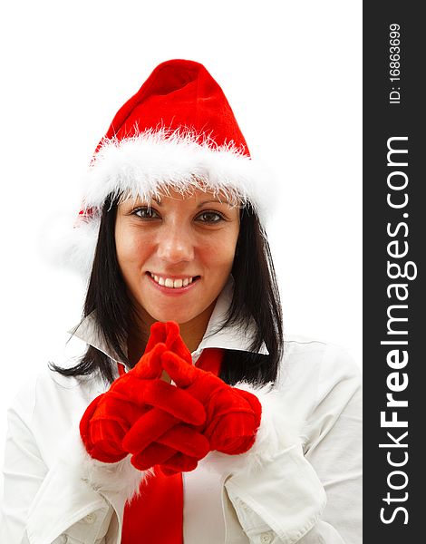 Smiling young Christmas woman wearing red tie, gloves and hat