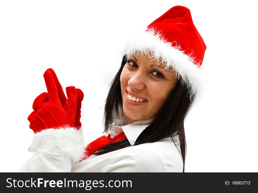 Smiling young Christmas woman wearing red tie, gloves and hat