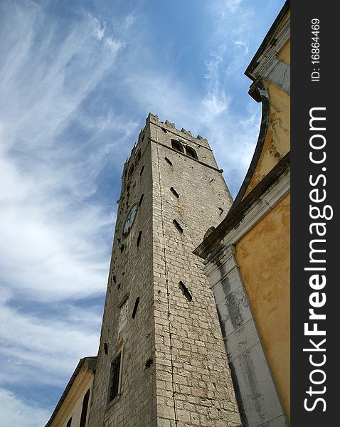 Belfry old Lutheran Church. The town of Motovun, Croatia