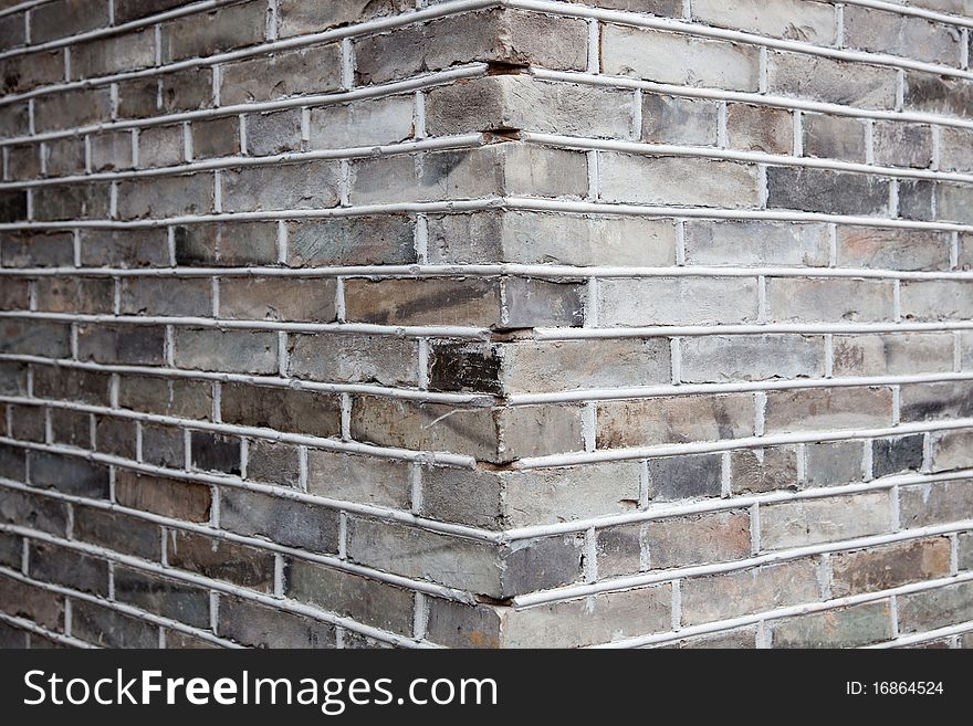 Close-up shot for the corner of gray brick wall.Gray brick ,also named blue brick,normally used in Chinese ancient architecture
