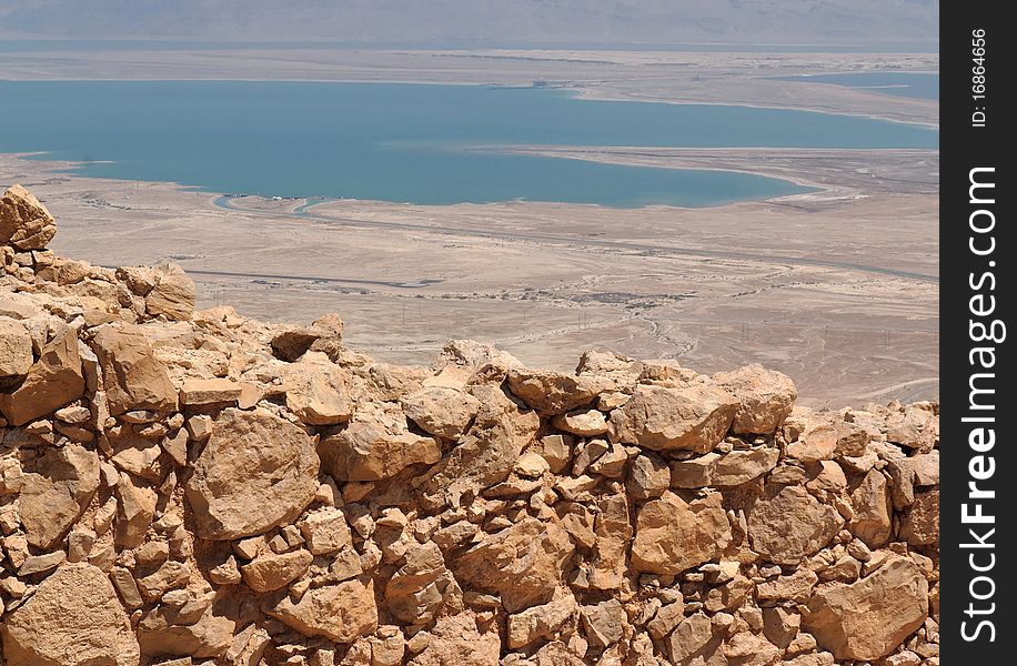 Wall of ancient fortress ruin in the desert near the Dead Sea. Wall of ancient fortress ruin in the desert near the Dead Sea