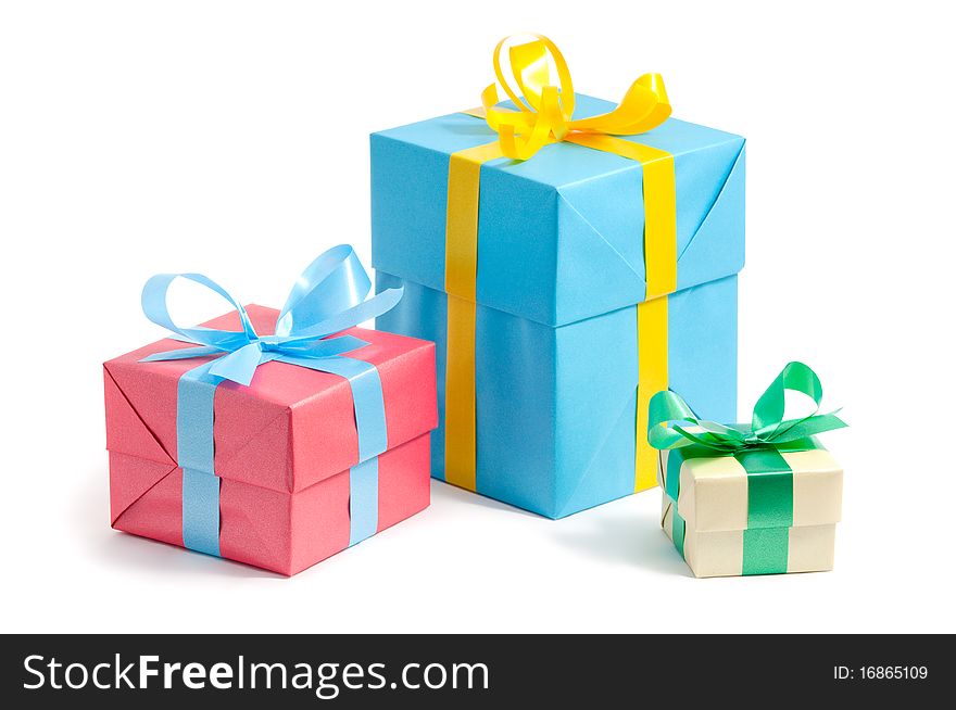 Color gift boxes on white background