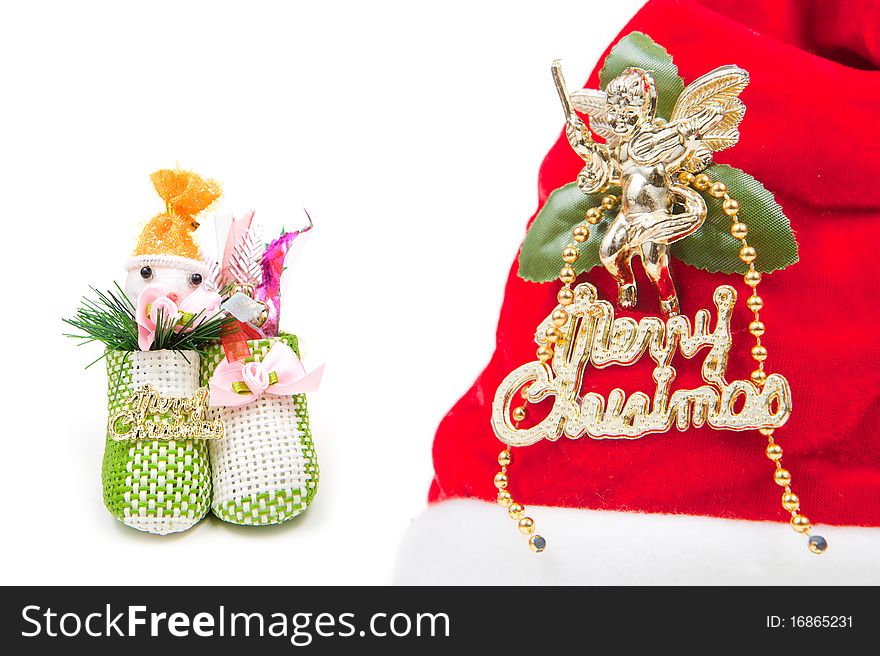 Red santa claus hat and stocking isolated