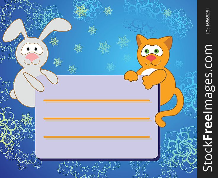 Rabbit and cat on winter background