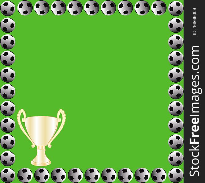 This image represents a soccer/football field card with a ball and a winner cup. This image represents a soccer/football field card with a ball and a winner cup