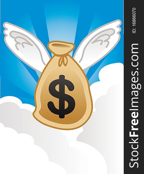 Illustration of winged bag of money with large dollar sign floating above the clouds. Illustration of winged bag of money with large dollar sign floating above the clouds