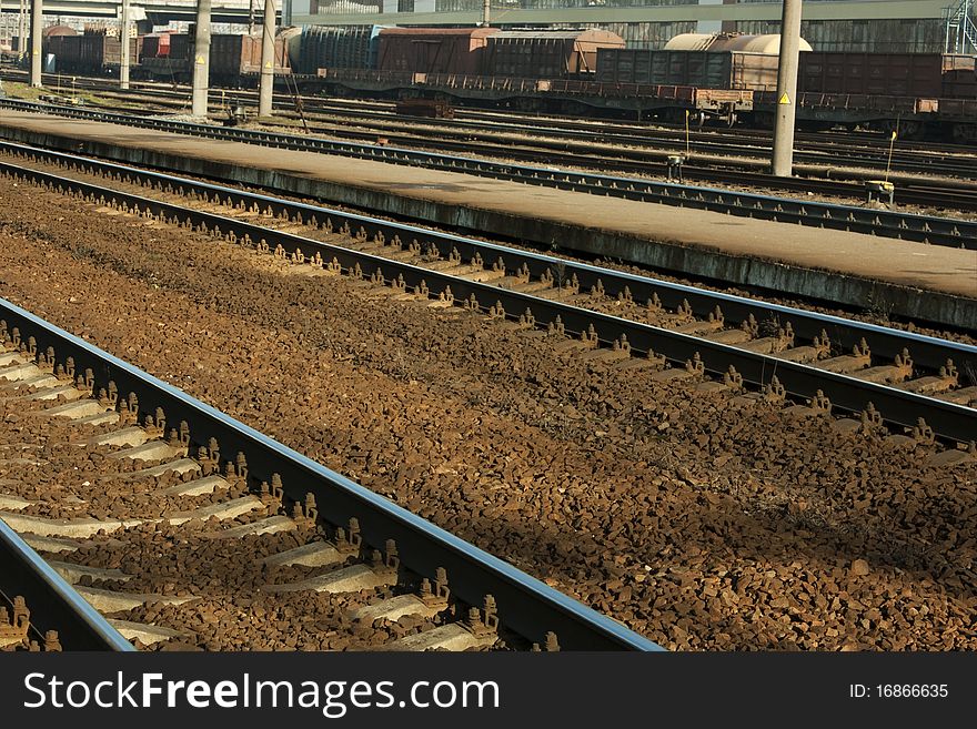 Railway yard with a lot of railway lines and freight train