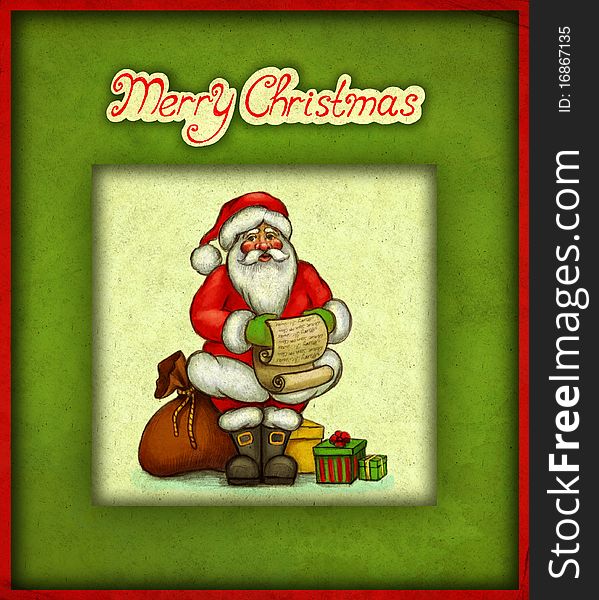 Christmas greeting card with illustration of Santa Claus