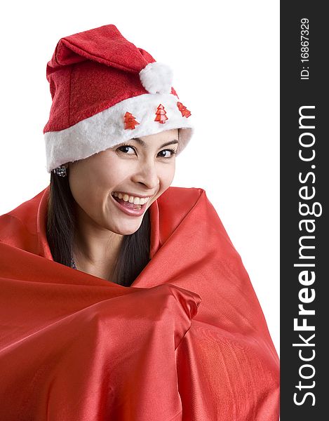 Pretty young woman with santa claus hat, isolated on white background