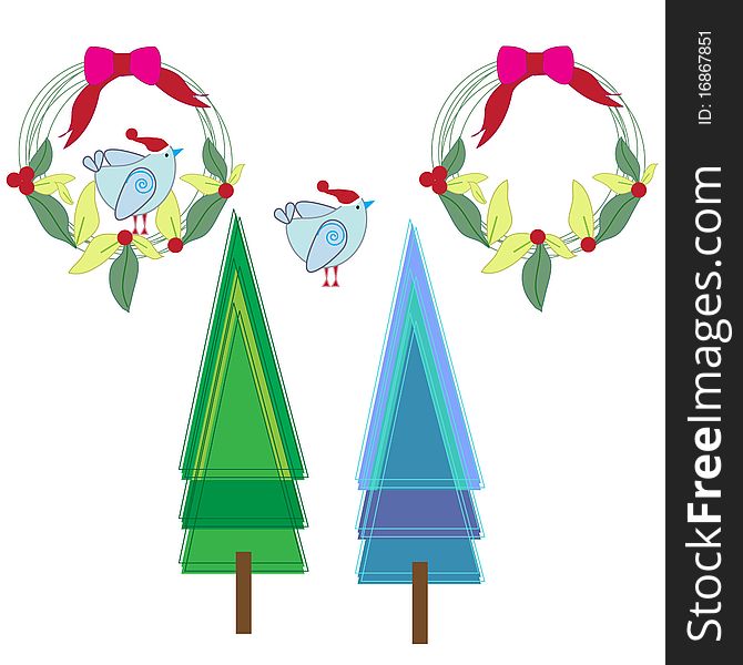 Vector illustration of a christmas set included bird ribbon christmas decor and trees