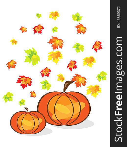 Vector picture of thanksgiving background with pumpkins and maple leaves. RGB