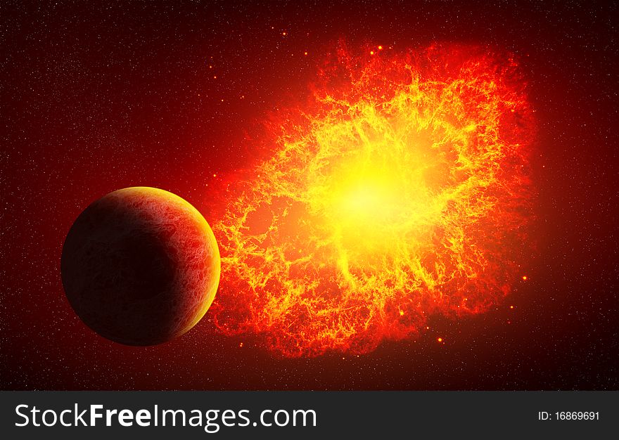 Red Nebula with planet and Super Nova