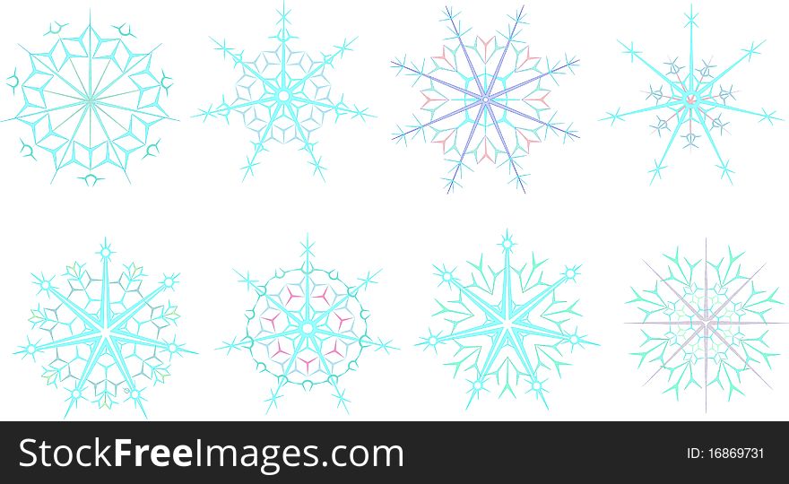 Eight snowflakes with different patterns and coloring