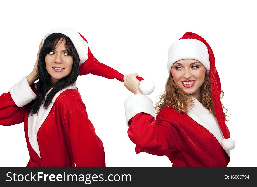 Xmas background: girl in santa costume pulling by bubo her friend. Xmas background: girl in santa costume pulling by bubo her friend