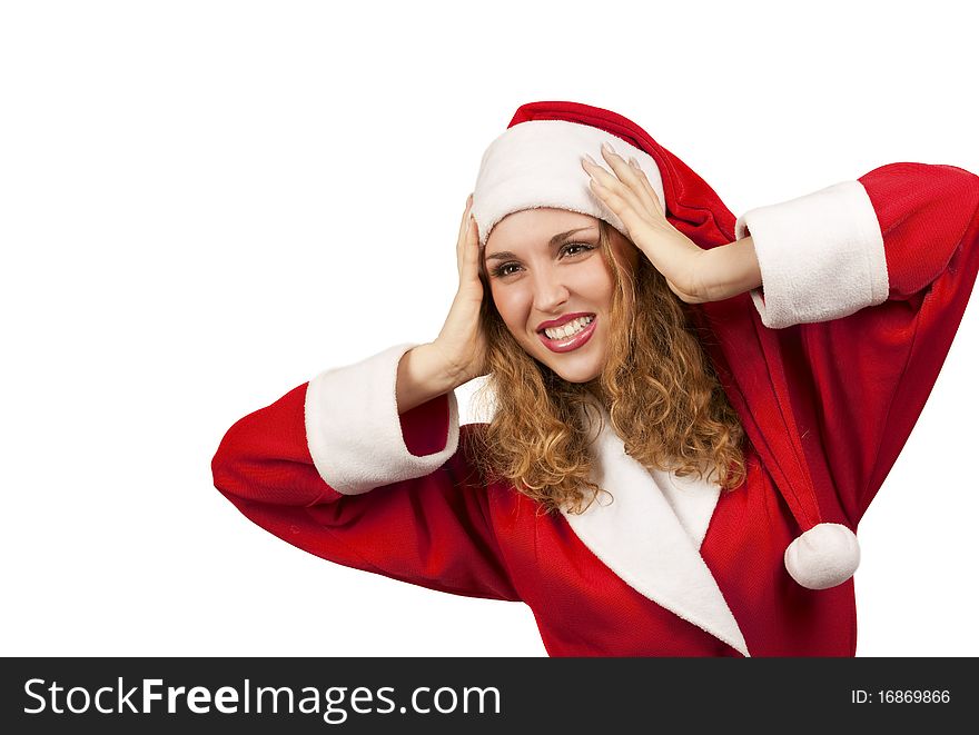 Surprised Santa Claus smiling over white background