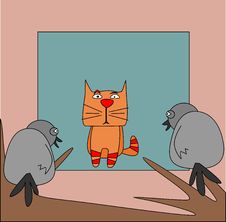 Red Cat And Two Birds Royalty Free Stock Photography