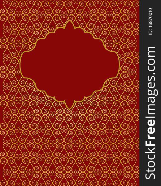 Vector picture of gold vintage frame on dark red background. RGB