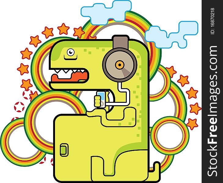 Funny monster with the player listens to music on headphones. Vector illustration.